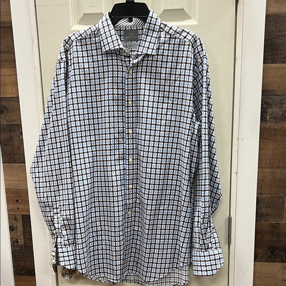 THOMAS DEAN | blue/brown plaid/check/gingham L/S button up shirt/blouse/dress